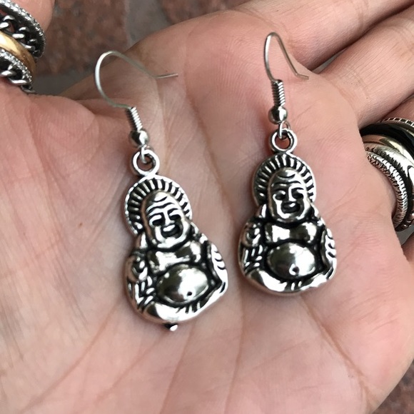 π΄SALE ! Boho silver buddha dangly steel earrings - Picture 3 of 11
